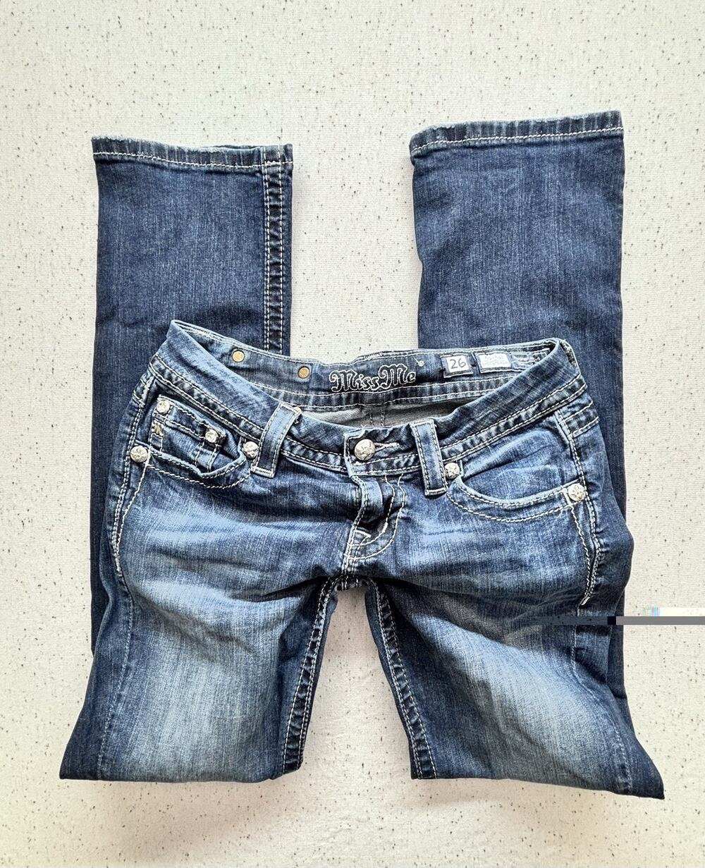 Miss Me Angel Wing Easy Straight Jeans Sz 26 Mid Rise Dark Wash Stretch